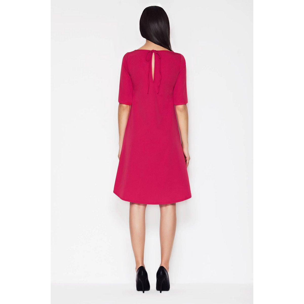 Asymmetrische trapezejurk met korte mouwen, fuchsia
