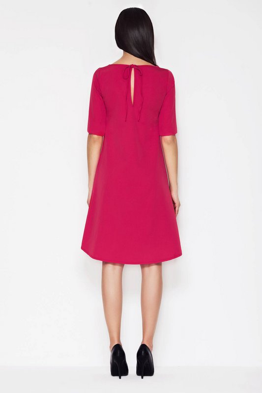 Asymmetrische trapezejurk met korte mouwen, fuchsia