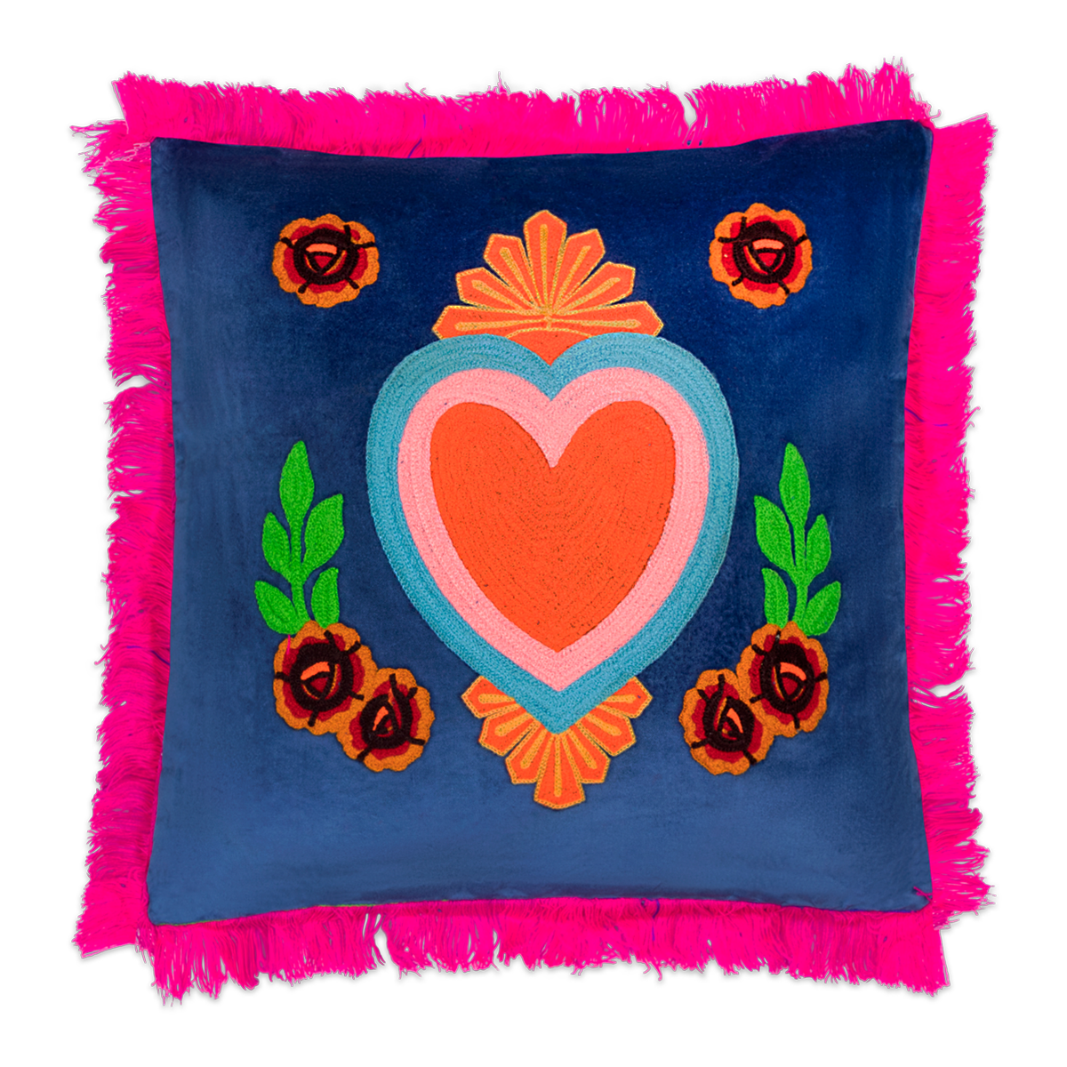 Kitsch Kitchen cushion Milagro heart dark-blue fringes