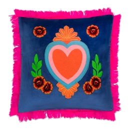 Kitsch Kitchen cushion Milagro heart dark-blue fringes