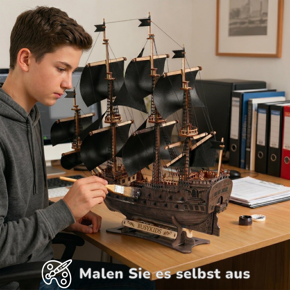 Galeone aus Holz mit LED-Beleuchtung – 3D-Holzpuzzle 583 Teile, Schiffsmodell mit Segeln und Takelage, Modellbausatz ab 12