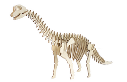  Wooden 3D puzzle kit of a Brachiosaurus dinosaur skeleton. The kit includes wooden pieces that can be assembled to create a detailed model of the Brachiosaurus, a large herbivorous dinosaur from the Jurassic period.