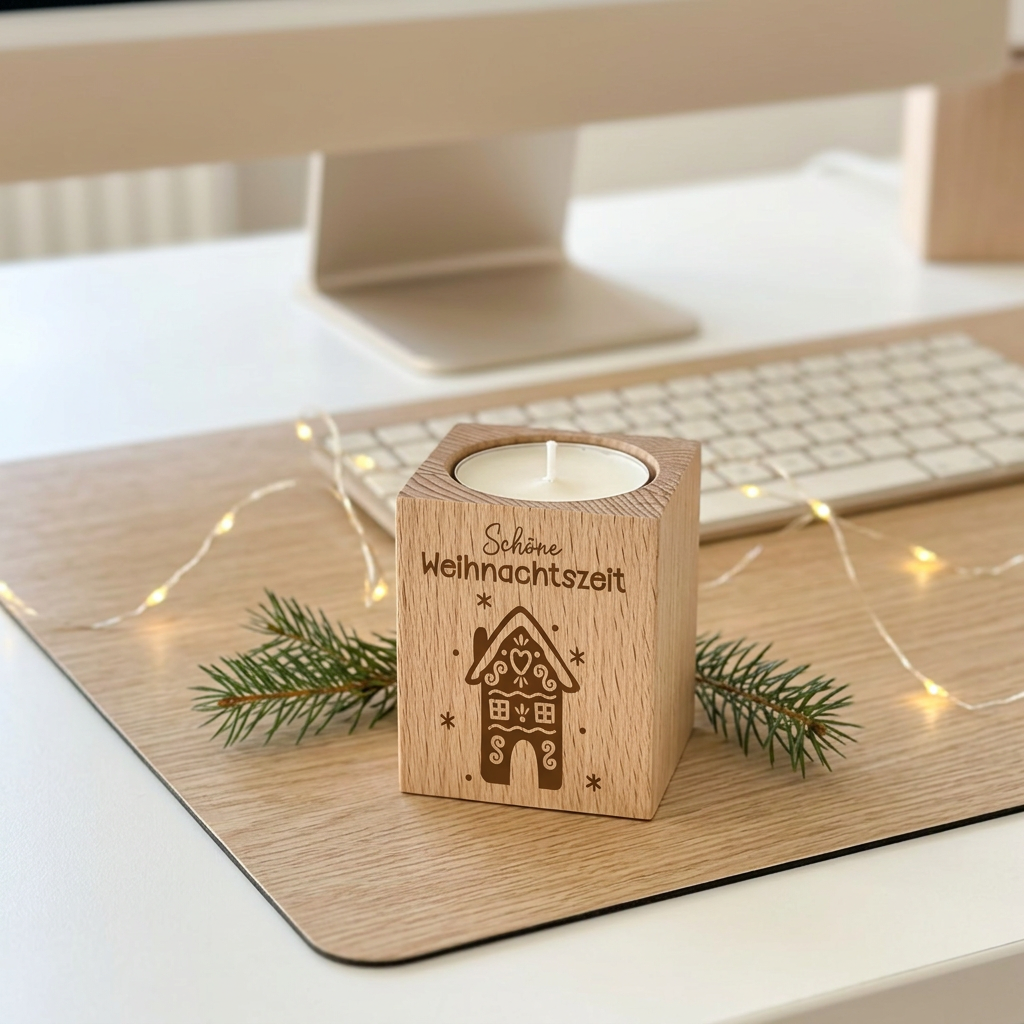 Teelichthalter Holz „Schöne Weihnachtszeit“ – Gastgeschenk & Weihnachtsgeschenk für Mitarbeiter | inkl. Teelicht