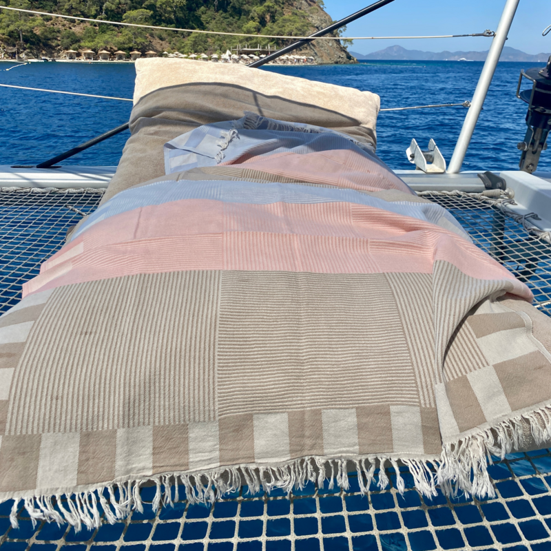 Tyrkisk håndklæde | Patchwork | Blågrøn & Pink & Mælkekaffe