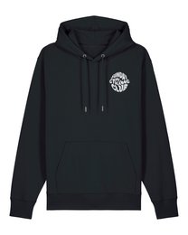 Black hoodie with long sleeves, kangaroo pocket, "Sunday Cycling Club" text graphic print back