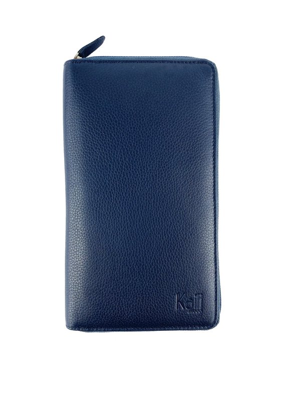 K0005DB | Rejsedokumentholder i ægte fuldnarvet læder, grained dollar - Blå farve - Mål: 12,5 x 22 x 2 cm - Emballage: Tnt taske