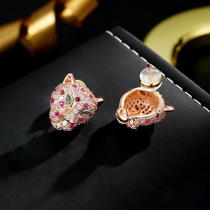 Regal Jeweled Leopard Head Stud Earrings