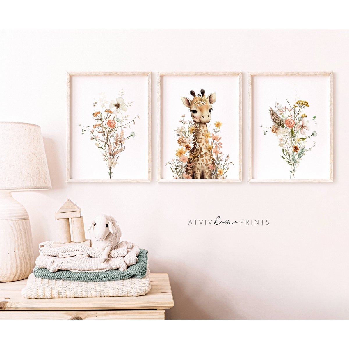 Giraffe nursery poster, giraffe poster, floral nursery print, mother and baby giraffe poster, nursery giraffe print, wildflowers print, girls nursery poster, girls room decoration