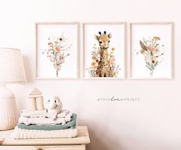 Giraffen-Kinderzimmer-Poster, Giraffen-Poster, Blumen-Kinderzimmer-Druck, Mutter und Baby-Giraffen-Poster, Kinderzimmer-Giraffen-Druck, Wildblumen-Druck, Mädchen-Kinderzimmer-Poster, Mädchenzimmer-Dekoration