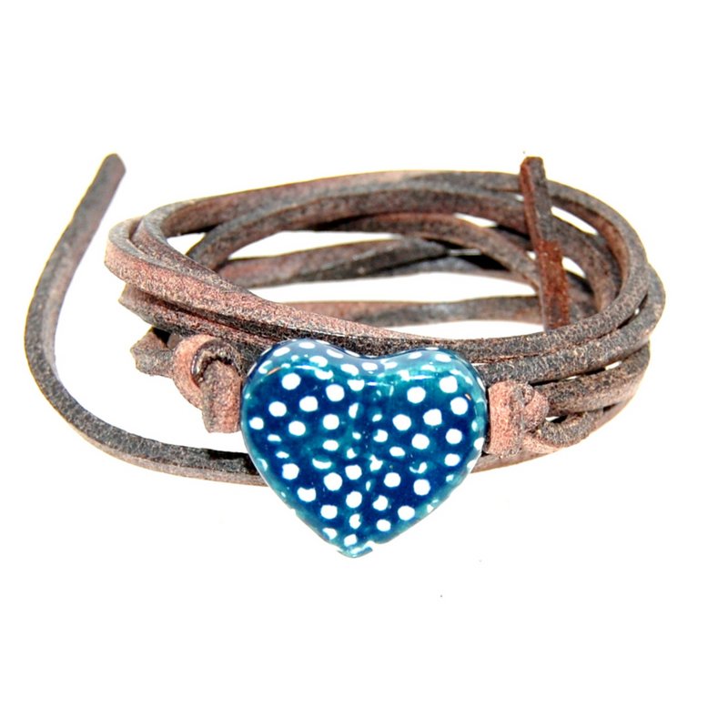 Pulsera cuero puntilla con corazón de lunares