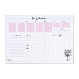 A desk pad with a weekly planner design in a soft pink color. The planner includes sections for each day of the week, as well as space for notes and a small tree illustration.