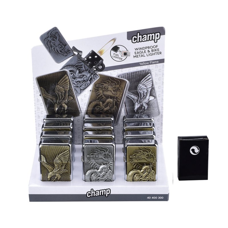 Présentoir de 12 briquets windproof eagle et bike