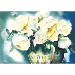 White roses in vase, fine art greeting card, blank, watercolor floral design, friendship card