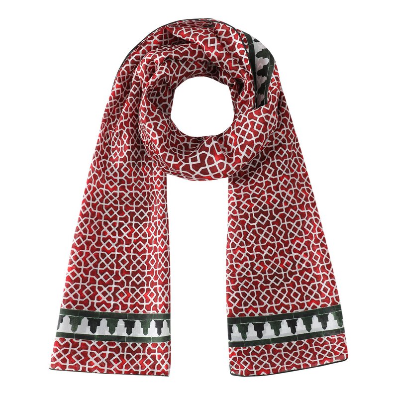 Red silk scarf with geometric print inspired by Andalusian tiles