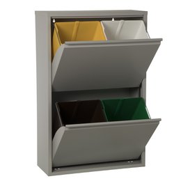  Matte gray recycling bin with 4 compartments, each 18L capacity, dimensions 60x25x92cm.