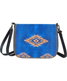 Vibrant blue shoulder bag with intricate Moroccan-inspired geometric pattern. Durable canvas construction, adjustable strap, and zippered main compartment.
