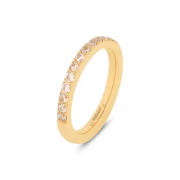 Gold-colored stacking ring with champagne-colored stones. Delicate and elegant design, perfect for layering with other rings.