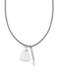 A clear, faceted rock crystal pendant on a silver-toned chain necklace. The pendant has a simple, minimalist design that showcases the natural beauty of the crystal.