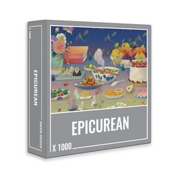 A 1000-piece jigsaw puzzle featuring a colorful, whimsical scene of various fruits, vegetables, and other food items arranged on a table against a dark blue background.