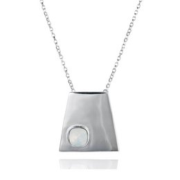 Silver-toned trapezium-shaped pendant necklace with a white opal accent.