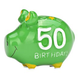 Piggy Bank Company sparegris "50 Birthday" lavet af keramik, grøn/guld (B/H/D) 12,5x9x9 cm lille gris