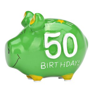 Piggy Bank Company piggy bank "50 Birthday" made of ceramic, green/gold (W/H/D) 12.5x9x9 cm small pig