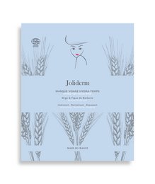 A white face mask with a blue and white design featuring wheat stalks. The mask is labeled "HYDRA-TIME FACE MASK" and is categorized as a "Face Masks" product.
