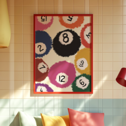 Colorful poster featuring various billiard balls with numbers. The poster has a vibrant and playful design, showcasing a collection of pool balls in different sizes and colors.