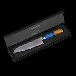 Couteau Katahiro Zen 7" Damascus Santoku, acier Damas japonais VG-10, bois de loupe d'érable blanc et manche en résine acrylique bleue