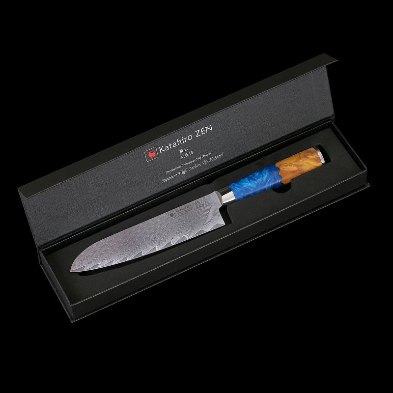 Couteau Katahiro Zen 7" Damascus Santoku, acier Damas japonais VG-10, bois de loupe d'érable blanc et manche en résine acrylique bleue