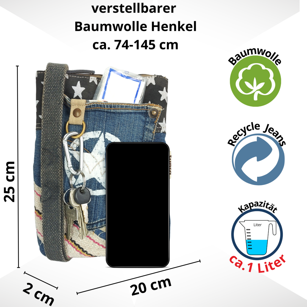 Damska torba na ramię Sunsa. Ekologiczna torba wykonana z dżinsów i płótna pochodzących z recyklingu. Vintage wegańska torba na ramię. Mała torba crossover…