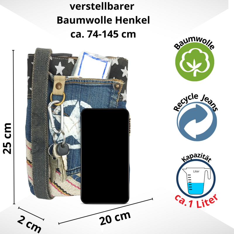Sunsa skuldertaske til kvinder. Bæredygtig taske lavet af genbrugte jeans og kanvas. Vintage vegansk skuldertaske. Lille crossover taske…