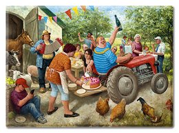 Colorful garden party scene with people, animals, and a tractor. Includes details like people's clothing, activities, and the overall festive atmosphere.