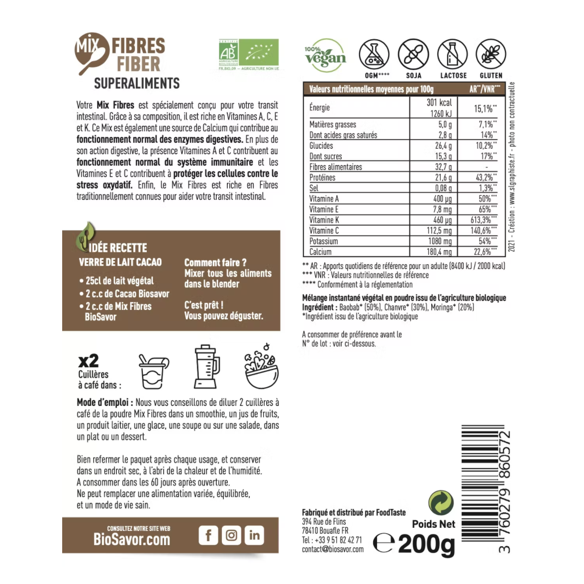 MIX VEZELS EN POUDRE - 200G - COMPLÉMENT ALIMENTAIRE