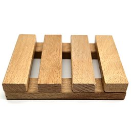 Wooden soap dish, natural beech wood, slatted design, rectangular shape, eco-friendly, practical bathroom accessory.