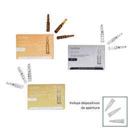  Pack of 3 facial serum ampoules containing Lifting Flash, Vitamin C, and Peeling ingredients for skin care.