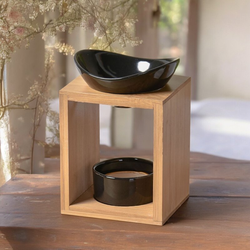 Quemador de perfume serie Naturea - Kalos - Portavelas de cera perfumada - Objeto decorativo de aromaterapia - Bambú y cerámica - Idea de regalo