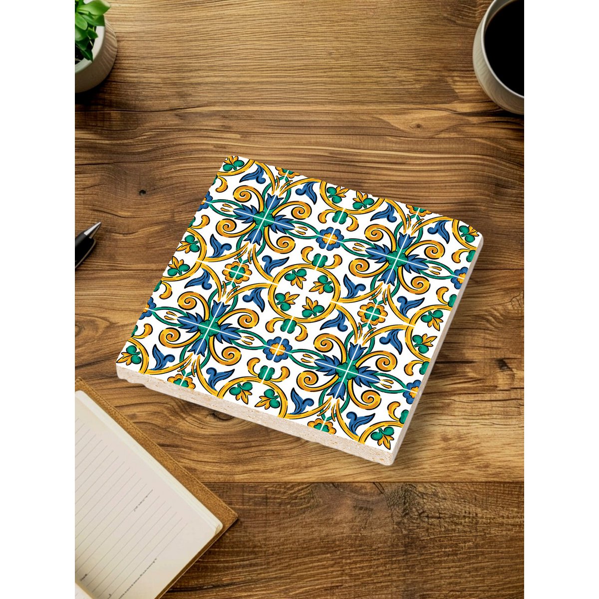Steinuntersetzer-Set - Blaue und Grüne Ornamente