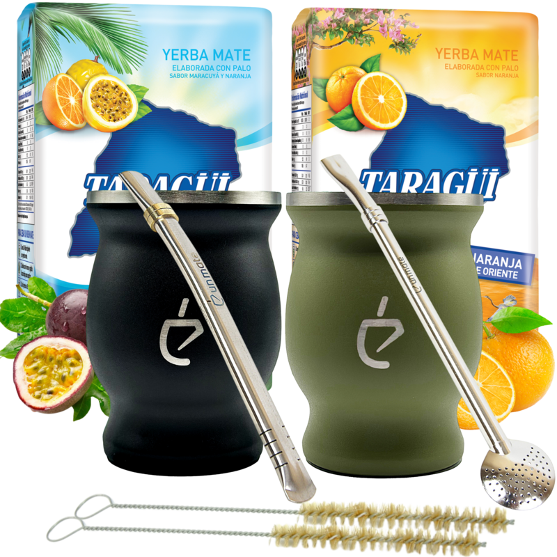 Ensemble tropical de thé yerba mate pour deux: gourde termico inoxydable, bombilla, pinceau et yerba taragui