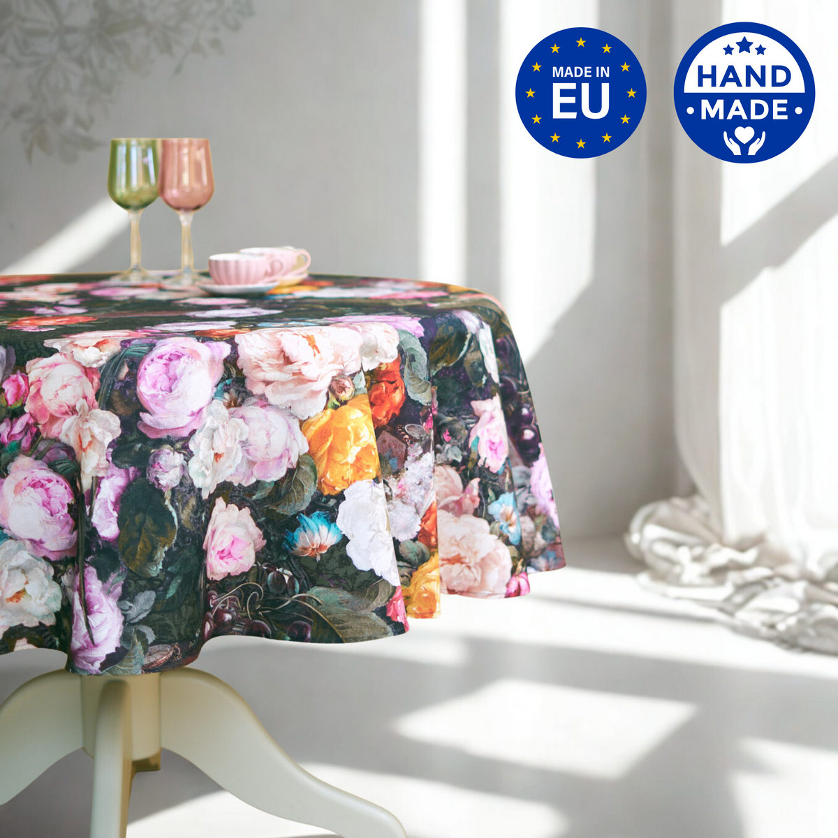 Round Tablecloth, Dark Floral 100% Cotton, Printed | Francine Black