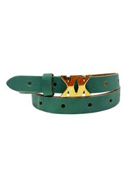  A green leather belt with a gold-tone buckle and hardware. The belt has a simple, classic design suitable for casual or formal wear.