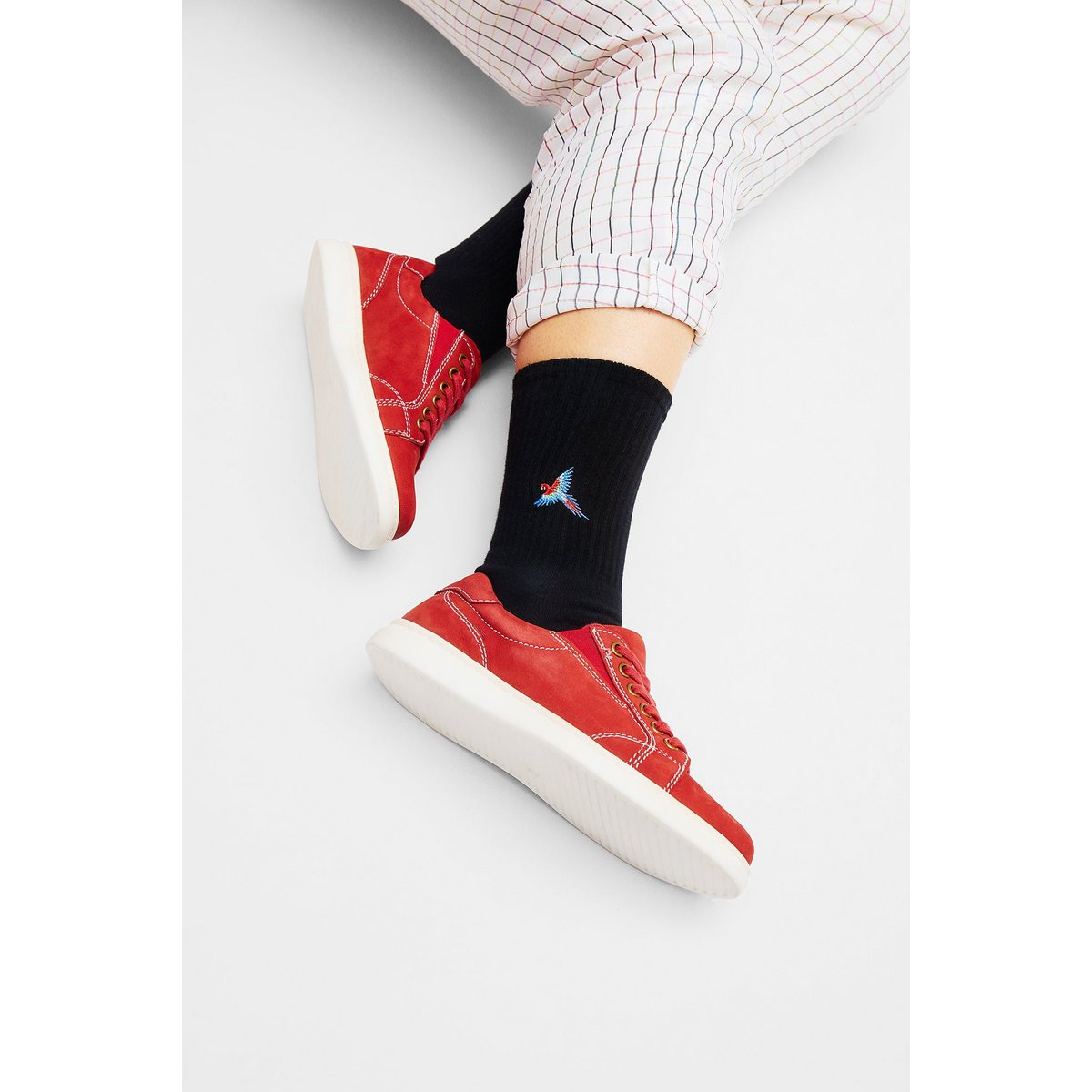 Organic Parrot Socks - Black tennis socks with embroidered parrot