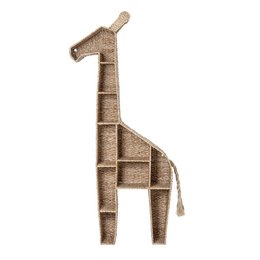  A tall, natural-colored bookcase made of woven bankuan grass, featuring a giraffe-shaped design with multiple shelves for storage.