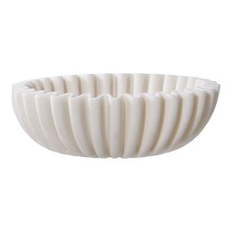A round, shallow white ceramic bowl with a textured, fluted design.