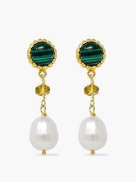 Malachite, citrine quartz, and pearl drop earrings with a gold-tone finish.