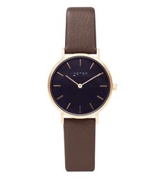 Elegant gold-tone watch with a dark brown leather strap and a simple, minimalist dial design.