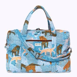 Large travel bag with animal print design, made of durable material, suitable for weekend getaways.