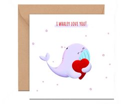 Cute whale-themed love card with heart-shaped balloon. Whimsical and playful design.