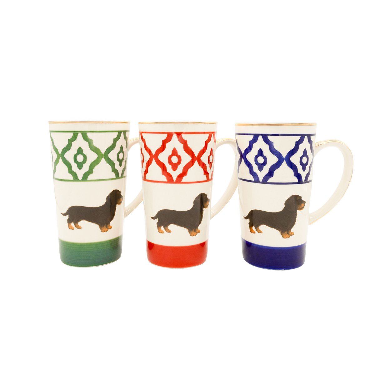 Tea cup/tea mug model dachshund made of ceramic, hand-painted with dachshund motif, gold rim and gold-coated handle, 250 ml. Cup contents available in red, green and blue