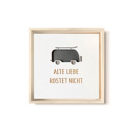 A 3D wood picture with a refined CNC milled design depicting an old van or camper van. The image is available in various color variants including black, red, green, yellow, and blue. The text overlay reads "Alte Liebe rostet nicht" which translates to "Old love doesn't rust".
